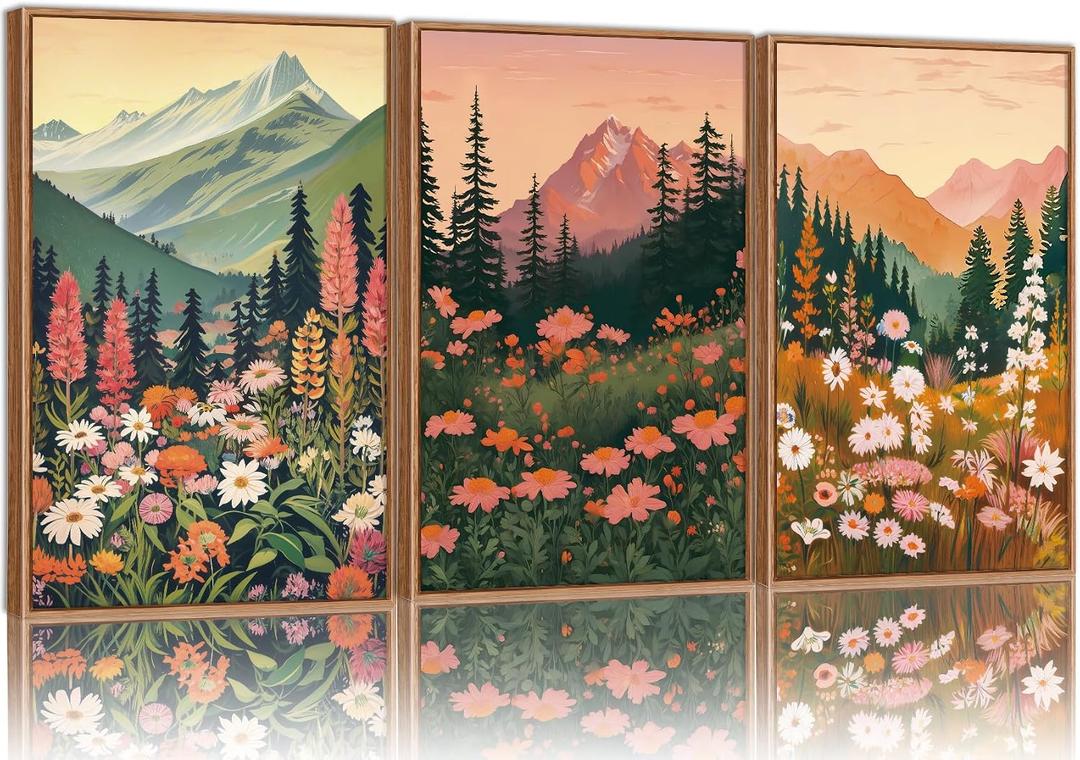 Tinonedraw Mountain Wildflower Framed Canvas Wall Art Set, Boho Mountains Landscape Wall Decor, Modern Floral Forest Scenery Artwork, Neutral Nature Art Prints for Living Room Bedroom Office 24"x36"x3, 36L" x 24W"