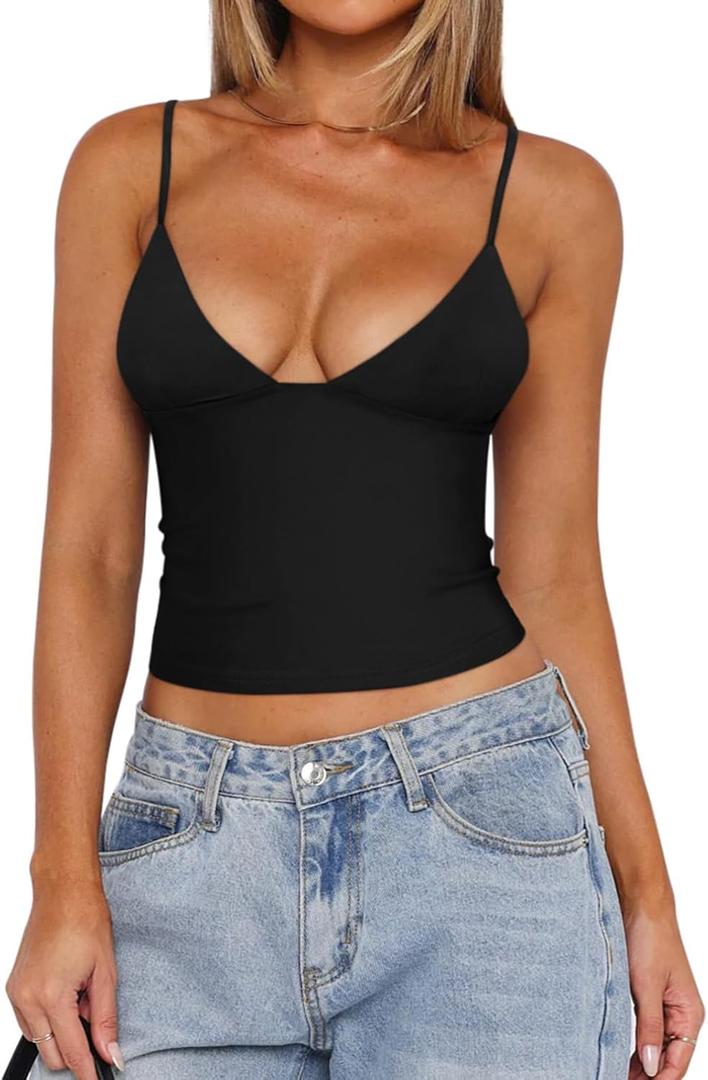 REORIA Butsmooth Womens Sexy V-Neck Sleeveless Double Lined Going Out Y2K Trendy Cami Shirt Cropped Tank Tops (Medium, Black)