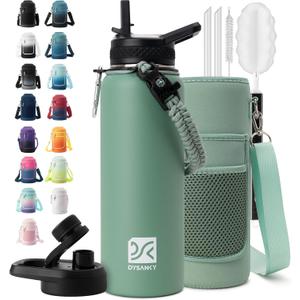 Insulated Water Bottle | Thickened Stainless Steel Vacuum Metal | Portable Sports Water Jug for Gym and Hiking with Straw, Carrier Bag, Handle Strap | BPA-Free 40 oz (Verdant)