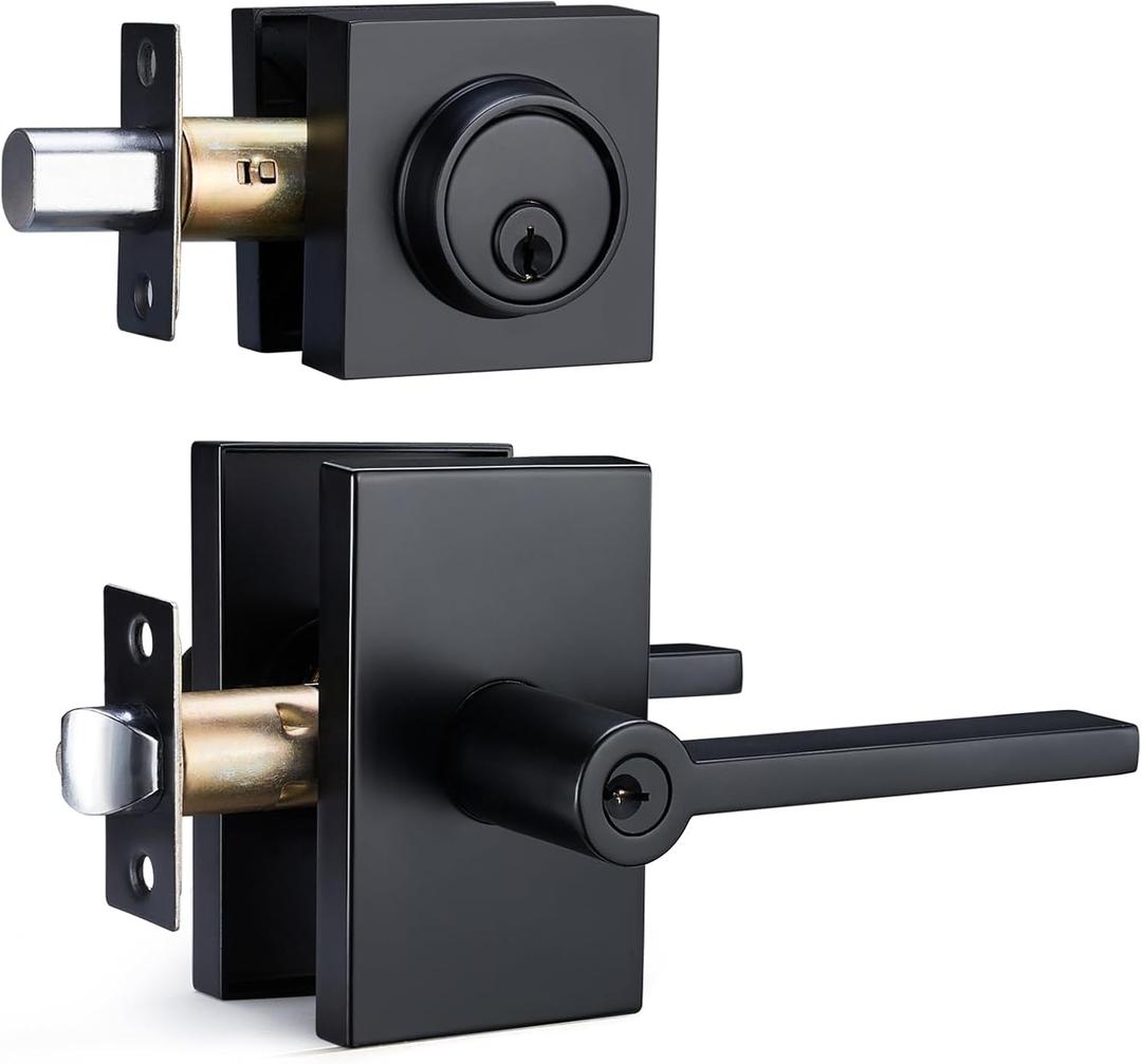SNBTLA Matte Black Entry Door Handle Set  Modern Rectangular Lever with Single Cylinder Deadbolt, Reversible for Right & Left Handed Doors, Heavy Duty Front Door Lock for Home Office Security