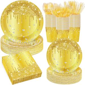 400 Pcs Gold Birthday Party Decorations Golden Glitter Paper Plates Disposable Diamonds Napkins and Cups for Women Birthday Anniversary Wedding Party Decorations Supplies