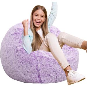Fluffy Bean Bag Chair for Kids, 2.5FT Round Memory Foam Filled Bean Bag for Teens & Kids, Ultra Soft Faux Fur Fabric Bean Bag Chairs for Playroom, Living Room, Bedroom, Lavender (Small, Purple)