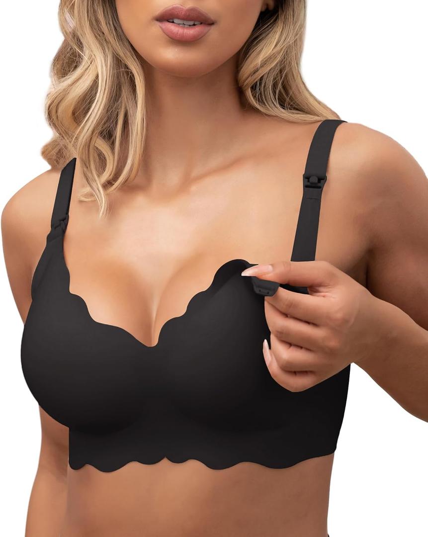 Nursing Bras for Breastfeeding Wavy Seamless Comfort Maternity Bralette Wireless Pregnancy Sleep Bra with Support (X-Large, Black)