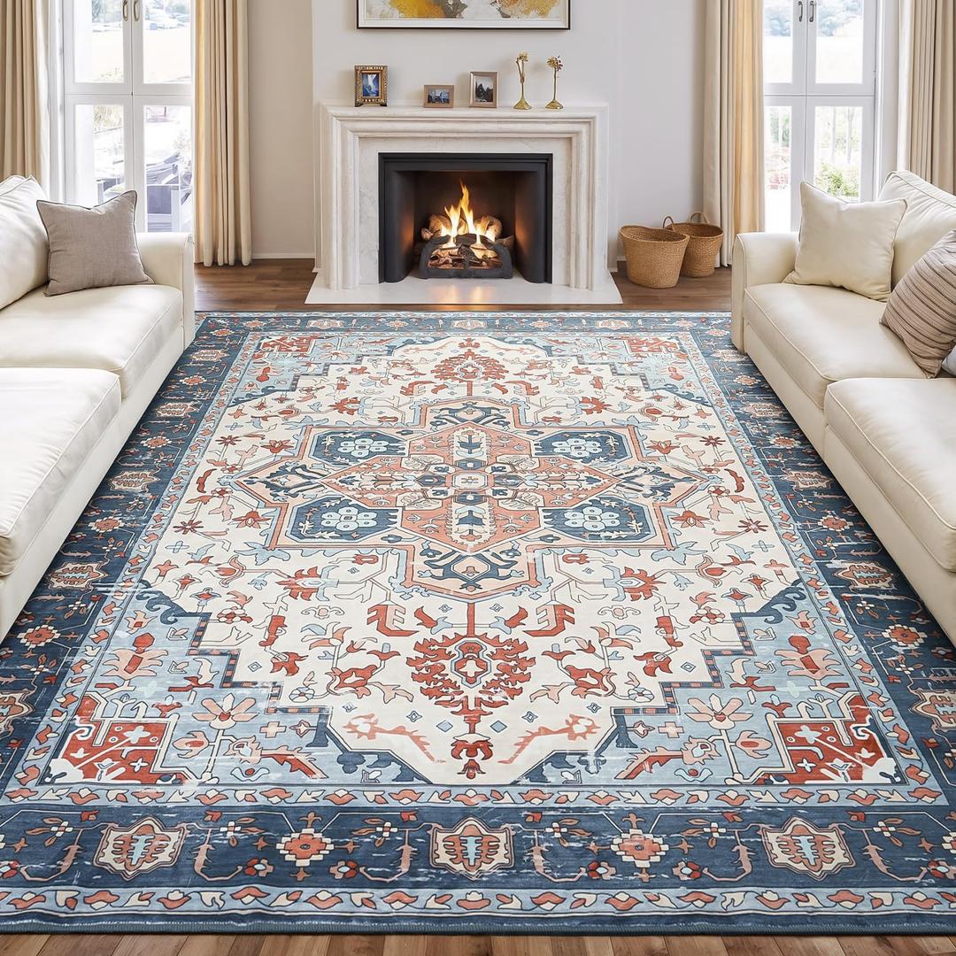 Rugflix 8x10 Area Rugs for Living Room, Washable Rug, Soft Low Pile Carpet, Non-Slip, Stain Resistant, Vintage Area Rug, Blue Orange Rug for Bedroom, Dining Room, Home Office