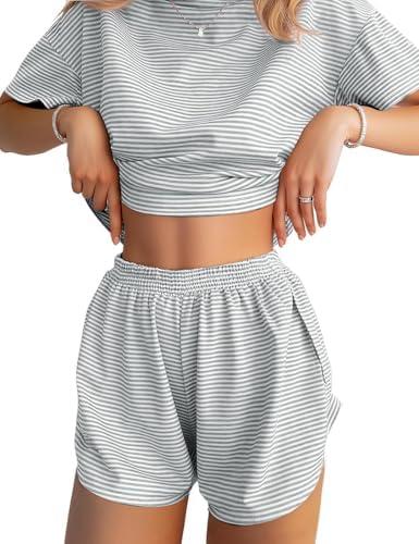 JUSTFASHIONNOW Womens Pajama Sets Shorts Striped Print Two Piece Lounge Sets Crew Neck Sleepwear Split Shorts Set Soft Pjs, Size: XL