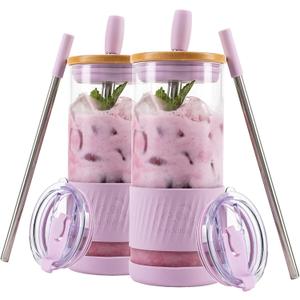 Pandaloo Glass Cups With Lids and Straws -20 Fl Oz- Perfect Size Iced Coffee Cup - Smoothie Cup With Bamboo Lid and On the go Lid - Glass Tumbler (2 Count (Pack of 1), Lilac Rhapsody-Lilac Rhapsody)