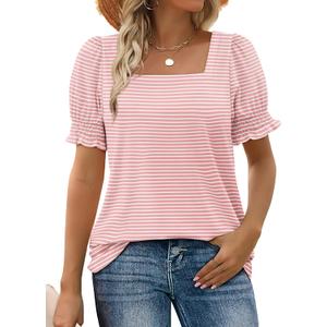 WIHOLL Tops for Women Summer Casual Ruffle Trim Sleeve Square Neck T Shirts (L)