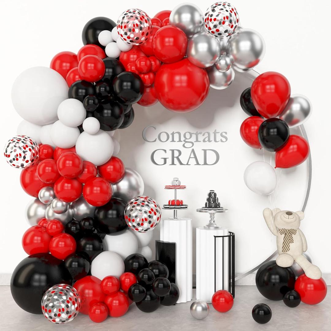 Amandir 153pcs Red Black and White Balloon Arch Garland Kit Different Sizes 18 12 10 5inch Silver Latex Metallic Confetti Graduation Balloons for Birthday Wedding Movie Night Casino Party Supplies