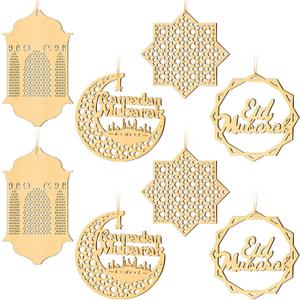 8 Pieces Ramadan Ornaments Decoration Eid Mubarak Door Sign Wooden Hanging Signs Kareem Hollow Pendant Party Wall Decor Moon Star Lantern Shape Ornament for Muslim Islam Festive Home Table Decoration