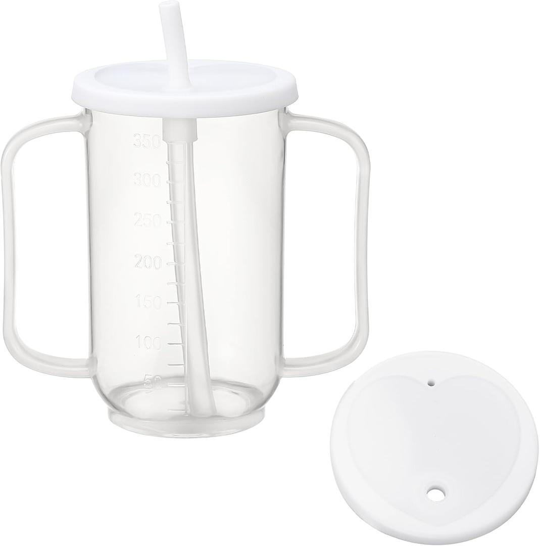 Sliner Adult Sippy Cups for Elderly 12 oz Straw Sippy Cups with 2 Handles No Spill for Adults Spill Proof Dysphagia Cup for Disabled Patients(White)