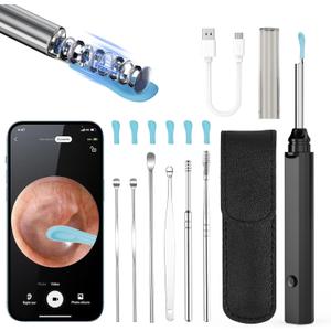 Ear Wax Removal - Earwax Remover Tool with 8 Pcs Ear Set - Ear Canal Cleaner with 1080P Camera - Ear Cleaning Kit with 8 Ear Spoon - Ear Camera for iOS & Android (Black)