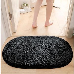 Oval Chenille Bathroom Rug, Ultra Soft Microfiber Shaggy Bath Mat, Machine Washable Thick Fluffy Carpet Rug, Non-Slip Water Absorbent Shower Mat for Bathroom, Shower (Black,20''32'')