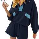 Fisoew Womens 2 Piece Sets Sweatsuits Casual Half Button Color Block Sweatshirts Running Shorts Tracksuits Fall Outfits (M)