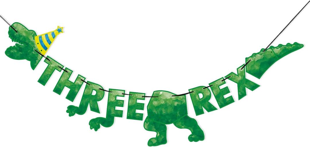 WERNNSAI Watercolor Dinosaur Three Rex Banner - Dinosaur 3rd Birthday Party Decorations for Boys Kids Three Dino-Rex Dino Theme Party Supplies T-Rex 3-Rex Hanging Wall Decor Pre-Strung Banner