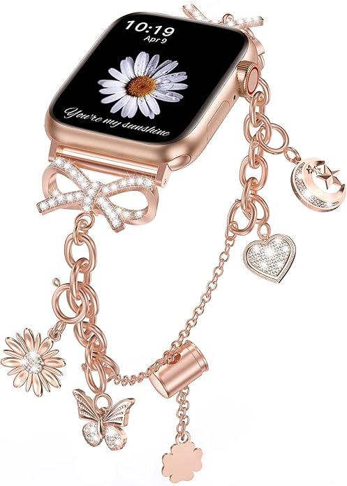 Minyee Bling Bands Compatible with Apple Watch Band 38mm 40mm 41mm, Stainless Steel Diamond Sparkle Jewelry Bracelet Women with Bow Connector Interchangeable Charms for iWatch Series SE/ 7/ 6/ 5/ 4/ 3/ 2/ 1