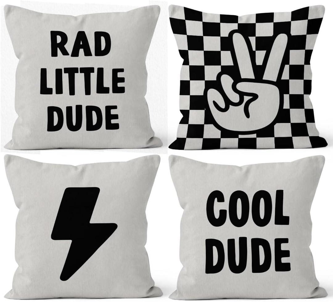 HIWX Rad Little Cool Dude Preppy Black Checkered Peace Sign Lightning Decorative Pillowcase Throw Pillow Cover,Trendy Preppy for Sofa Bed Boy Teen Room Dorm Decor 18 x 18 Inch Pillow Case Set of 4 (White)