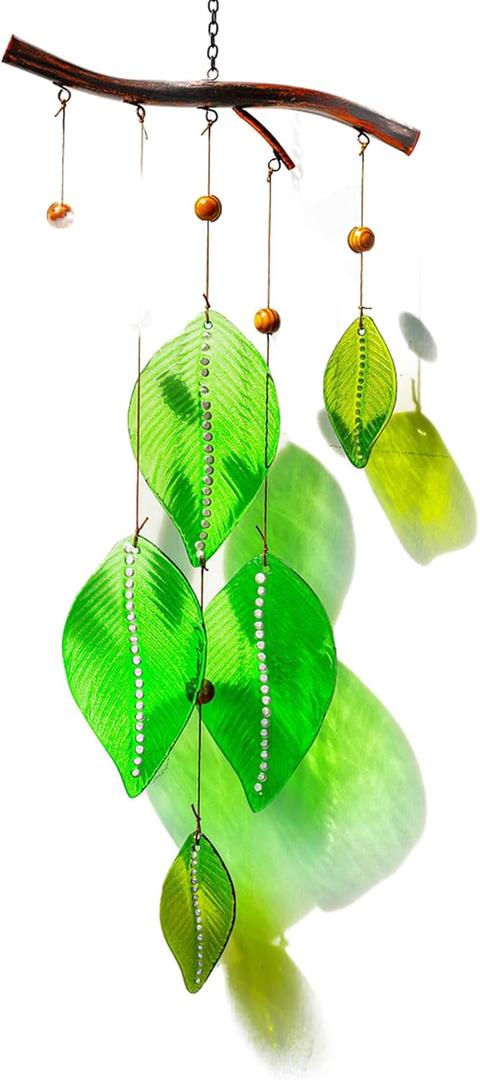 Glass Wind Chimes for Outside,Unique Handmade Windchimes Outdoors with Stained Glass Leaves for Home Window Garden Yard Patio Decor,Green 20"