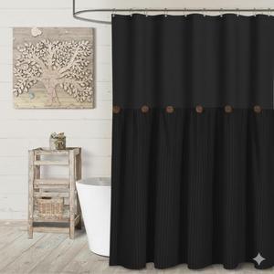 Awellife Farmhouse Black Shower Curtain Button Linen Textured Woven Fabric, Pleated Black Stripe, Country Style, 72" W x 72" L 