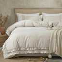 Bedorm Beige Duvet Cover Set King Ruffle Bedding Set Pleat Ruffled Shabby Chic Comforter Cover Extra Soft & Easy Care White Boho Duvet Cover with Zipper Closure (Cream)