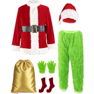 Christmas Costume for Men Adult Santa Claus Suit 7PCS Green Furry Monster Deluxe Xmas Halloween Cosplay Outfit