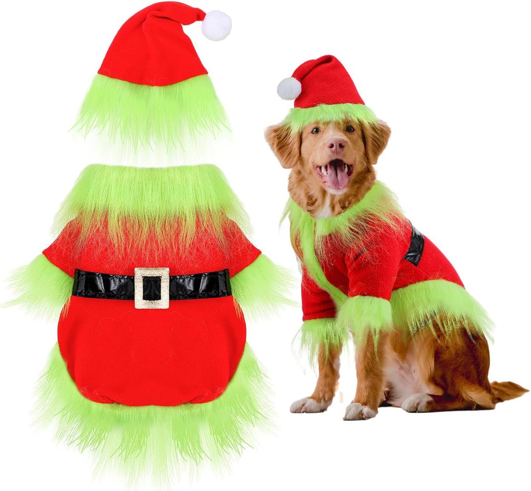 Abbylike Dog Christmas Outfit Holiday Pet Character Green Hoodie Shirt with Hat for Dogs and Cats Christmas Pet Clothes Cute Dog Christmas Outfit Cosplay Party as Shown(Vivid, XL) (XL (Neck:17.32 Chest:22.04 Back :16.53))