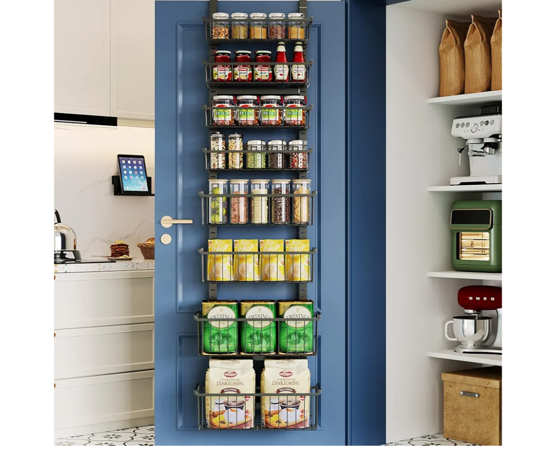 Over The Door Pantry Organizer, 8-Tier Over The Door Organizer with Adjustable Baskets, Metal Hanging Spice Rack for Pantry Organizers and Storage, Suitable for Kitchen Laundry Room & Bathroom, Black