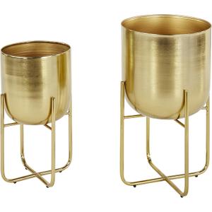 Deco 79 Metal Indoor Outdoor Planter Brushed Dome Large Planter Pot with Curved X-Shaped Bases, Set of 2 Planters 16", 13"H, Gold
