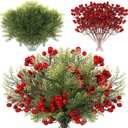 Panelee 48 Pcs Christmas Artificial Pine Branches with Red Berry Stems 12.8''Christmas Pine Needles for DIY Fake Greenery Christmas Garland Wreath Xmas Embellishing Flower Arrangements Decoration