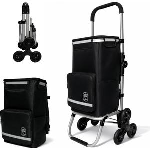 Foldable Stair Climbing Shopping Cart with Wheels 3-in-1 Grocery Trolley, Backpack & Hand Truck Lightweight Aluminum Frame, Waterproof Insulated Bag, Side Pockets Cart for Groceries & Laundry