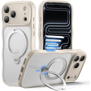 for iPhone 17 Pro Case for Women Girls with Stand,【Compatible with MagSafe】,【Camera Control】,【Full Camera Protection】, Cute Wave Magnetic Phone Case for iPhone 17 Pro,Stone