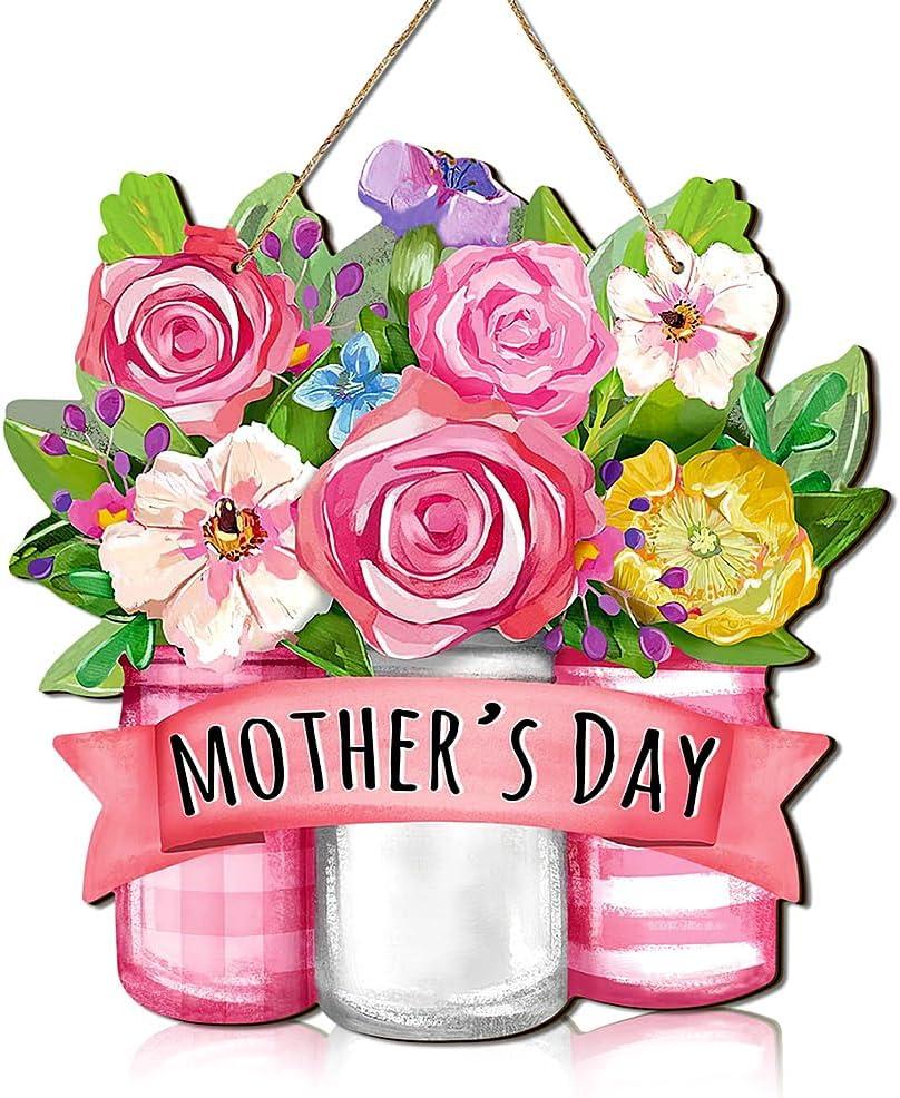 Happy Mother's Day Welcome Wood Sign, Wooden Flower Hanging Board Mothers Day Wreath Decorations for Mom and Grandma Home Front Door Farmhouse Wall Porch Yard Window Decor