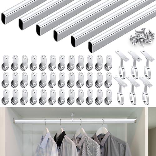 Tandefio Chrome Closet Rod 92 Inch with Oval Closet Rod 6 End Supports for Laundry Room Hanging Clothes Waterproof Shower for Curtains (Silver,6 Sets) 