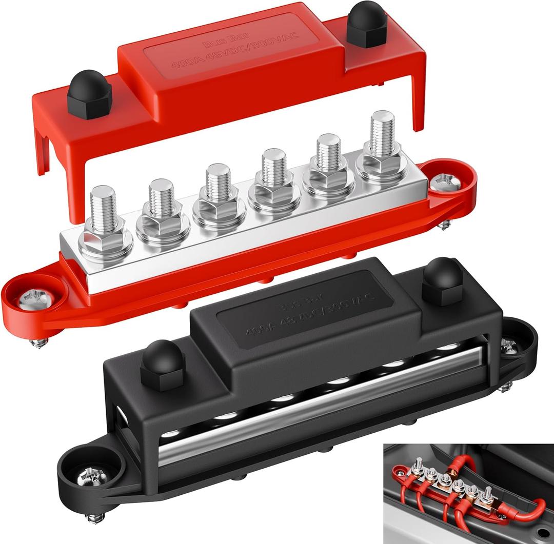 Joinfworld Bus Bar 400A 12V Power Distribution Block 6 x 5/16"(M8) Studs 48V Marine Bus Bar 12 Volt Battery Busbar Copper Terminal Block for Automotive, Car, Boat, Solar Wiring - Negative&Positive