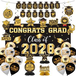 2026 Graduation Decorations Set- Class of 2026 Grad Party Decorations, Congrats Grad Banner, Backdrop, Grad Hanging Swirl, Balloons and Honeycomb Table Toppers, Graduation Party Supplies