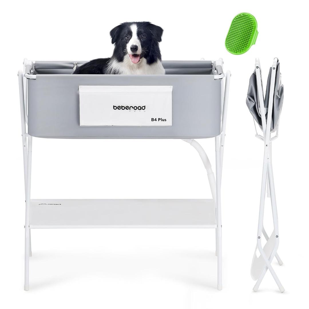 Dog Bathtub Dog Washing Station with Scrubber for Medium Dogs 135lbs or Two Small Pets, B4 Plus Foldable Dog Tub for Bathing and Grooming, Portable Collapsible Dog Shower Tub
