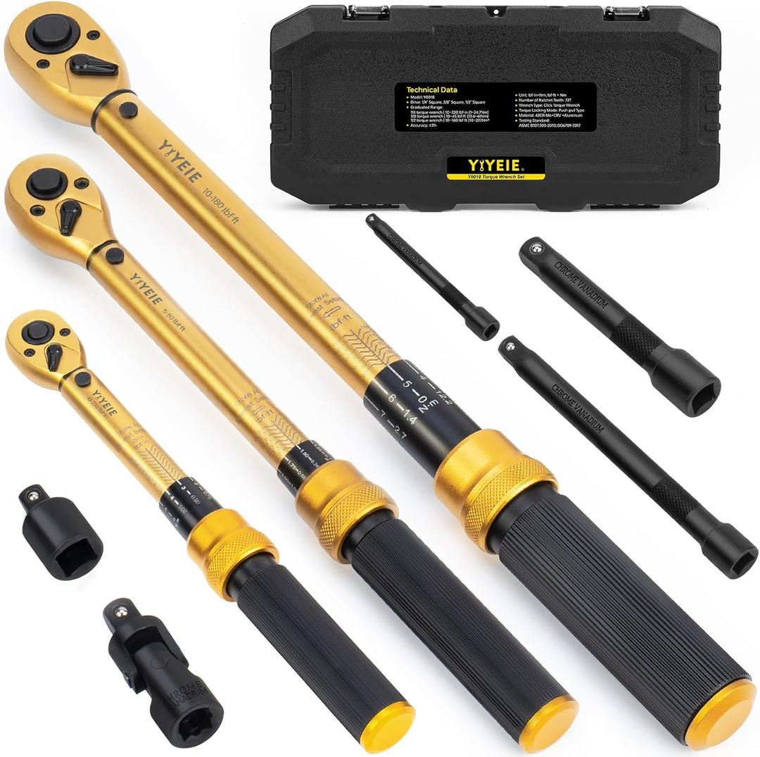 1/4 3/8 1/2-inch Drive Click Torque Wrench, 8Pcs Torque Wrench Set 10-230in.lb, 5-50ft.lb, 10-180ft.lb with Adapters, 3% Accuracy, 72-Tooth Dual Scale Torque Wrenches for Bike, Moto, Car Repair