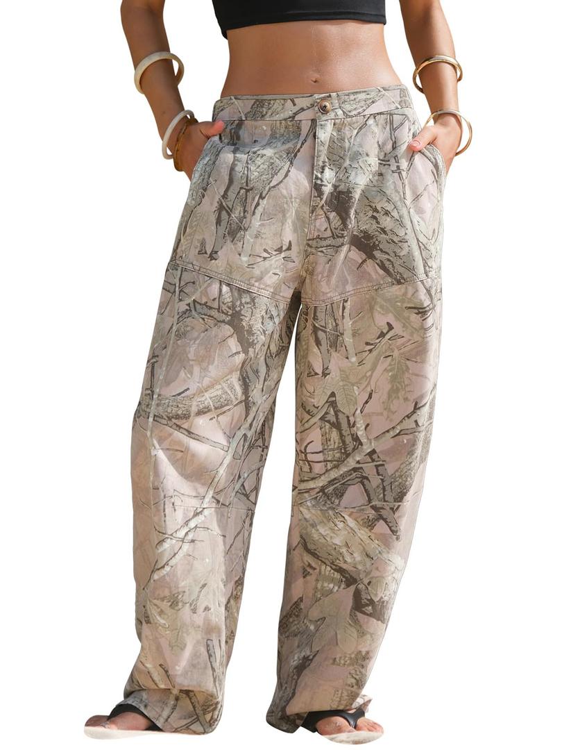 EXLURA Womens 100% Cotton Camo Pants High Waisted Straight Leg Baggy Denim Trousers Y2K Trendy Casual Forest Camo Cargo Jeans,XS