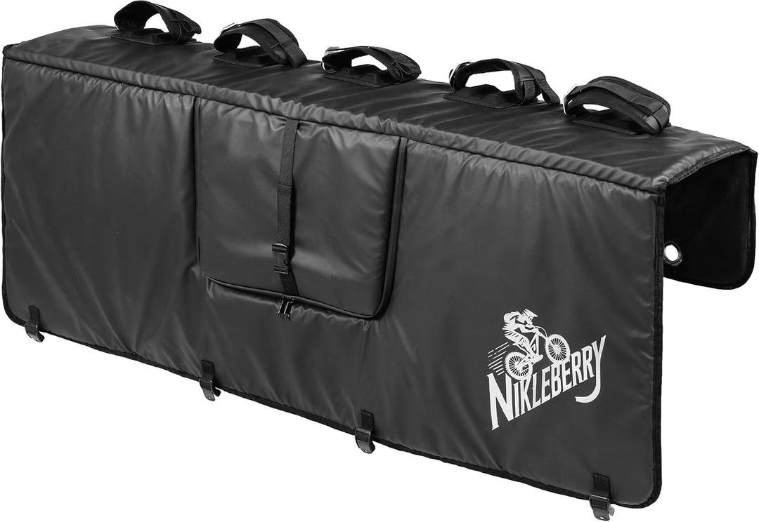 Tailgate Pad for Mountain Bikes & E-Bikes Holds 5 Bikes, Heavy Duty Waterproof Truck Tailgate Bike Pad with Case, Storage Pockets & Camera Access Window Fits Most Pickup Trucks | NIKLEBERRY