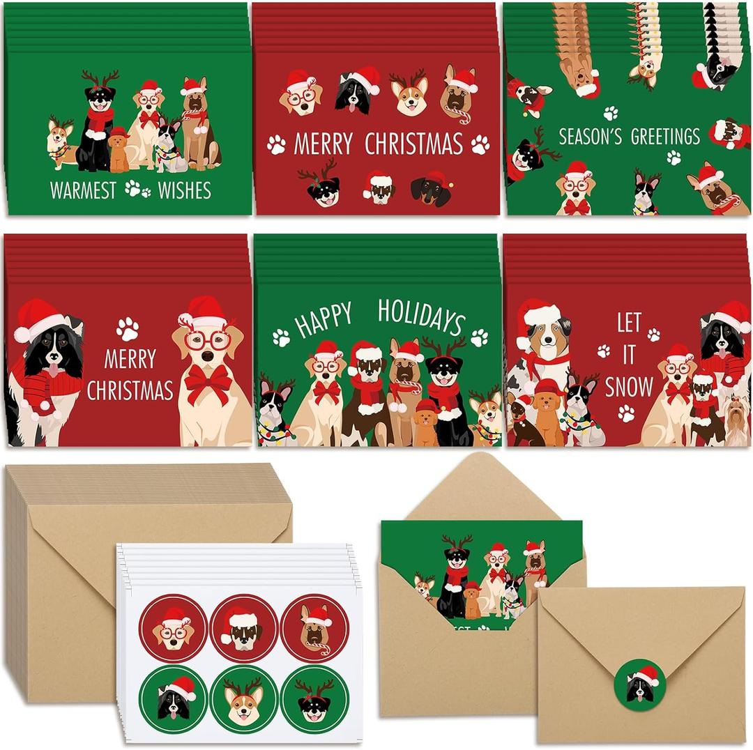 Humyoun 48 Sets Dog Christmas Cards Puppy Themed Postcards with Envelopes and Seal Stickers Funny Happy Holidays Cards Animal Christmas Cards Gifts for Friend and Dog Lover Winter Holiday Xmas