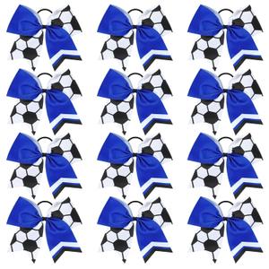 12PCS Soccer Bows 8" Soccer Cheer Bow Large Girls Hair Bows Cheerleading Bows Bulk Elastic Band Ponytail Holder for Teen College Football Competition-White Blue