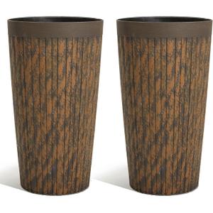 Worth Garden 22.5" H. Plastic Planters - Set of 2 Vintage Brown Tall Conical Plant Pots for Indoor Outdoor Use - Decorative Lightweight Flower Pots for Front Porch, Patio, Deck - 12.5" Dia x 22.5" H