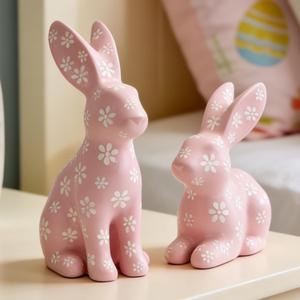2 x WDS WONDROUS Easter Decorations Floral Bunny Figurines Set, Pink Rabbit Decor with White Flowers, Easter & Spring Tabletop Decor, Farmhouse Home Decor Sculptures for Shelf Coffee Table Mantel