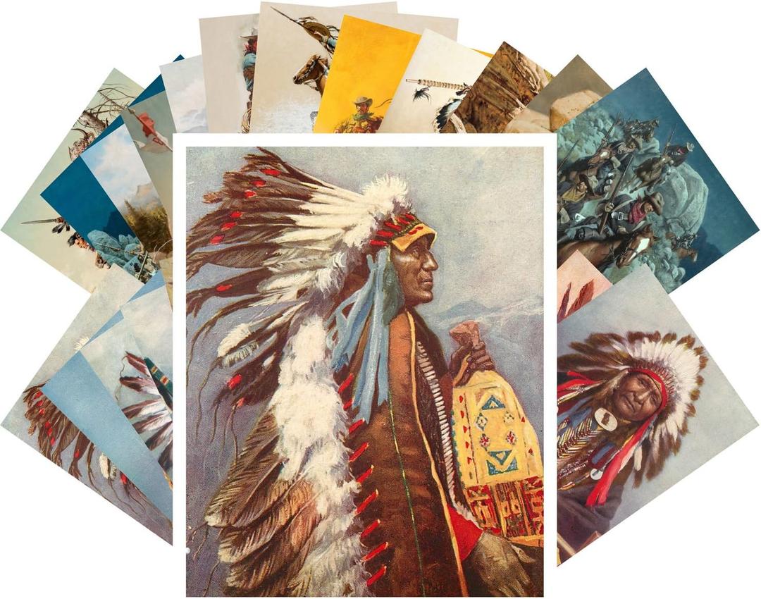PIXILUV Vintage PostCards 24 pcs Indian Chief Native American Life and Portraits Vintage Painting (Yellow)