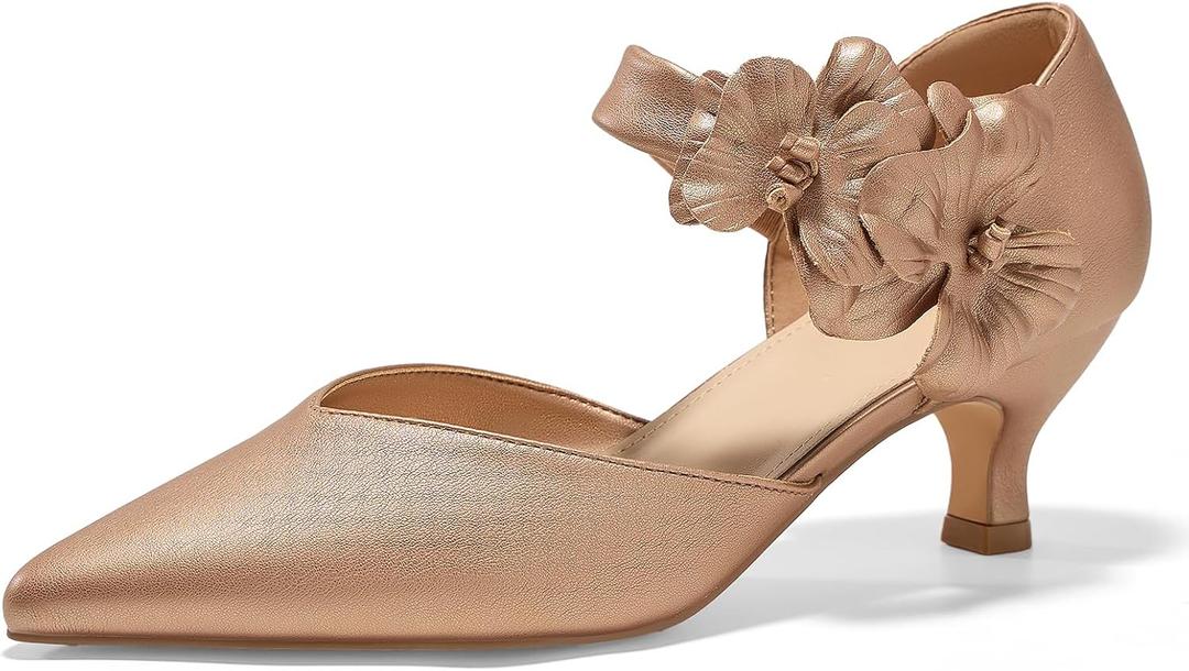 GotSoft Womens Low Kitten Heels Pointed Toe Slip on Pumps Flower Ankle Strap Elegant Party Wedding Dress Shoes, Rose Gold, Size 6