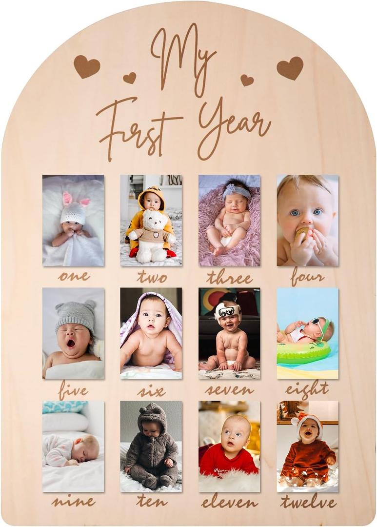 PEUTIER My First Year Photo Display Wood Board, Picture Frame 12 Months Newborn Picture Frames Baby Photo Display for Baby Birthday Nursery Decorations