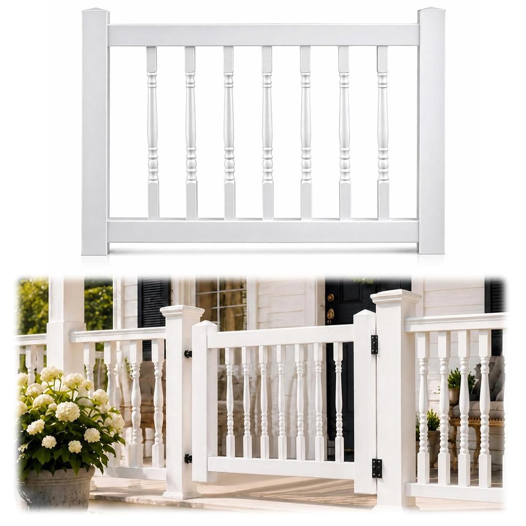 36" x 48" Vinyl Fence Gate Kit with Classic Round Balusters Heavy Duty White Plastic Safety Gate for Garden, Deck, Pool, Backyard