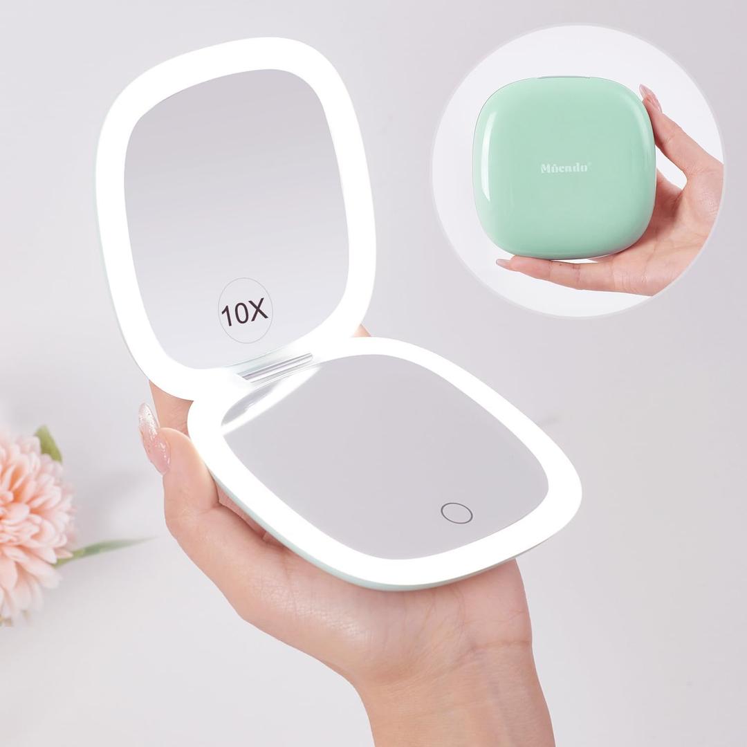 Mocado Compact LED Travel Makeup Mirror - 4 Inches 1X/10X Magnification Travel Mirror with Light Dimmable Double Sides Lighted USB Rechargeable Compact Mirror for Purse, Pocket, Travel (Powdery Green)