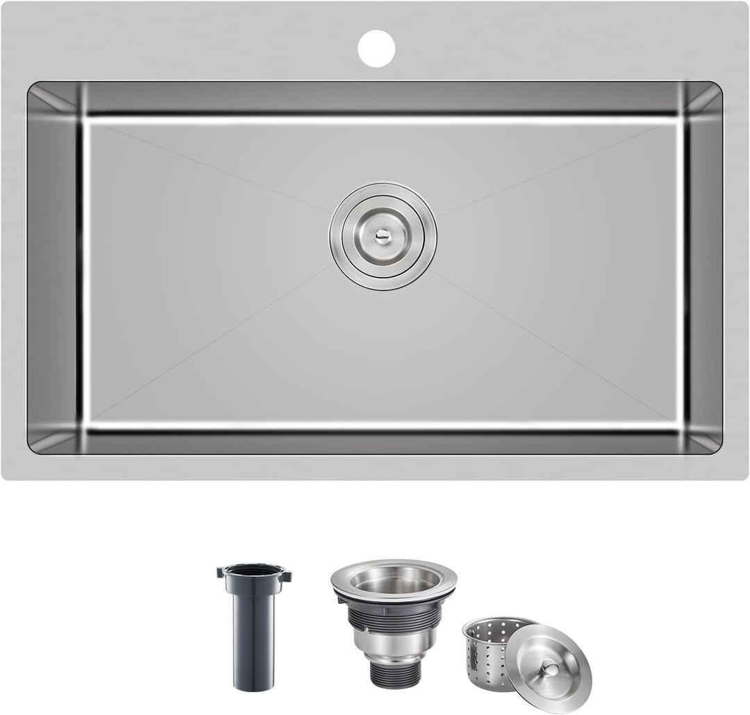 MENATT 30 inch Drop in Kitchen Sink, 304 Stainless Steel Single Bowl Topmount Kitchen Sink with 1 Hole, 9 inch Deep Single Bowl Sink, D30""xW18""xH9"", Brushed, OKL3018U-24