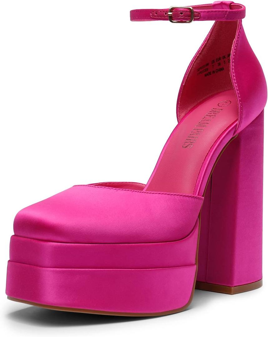 DREAM PAIRS Womens High Chunky Platform Closed Toe Block Heels Square Toe Ankle Strap Dress Wedding Party Pumps Shoes Aurelia (10, Rose Red-satin)