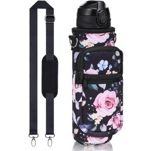 Fimibuke 32 oz Water Bottle with Sleeve - BPA Free Leakproof Sport Large 1L Plastic Motivational Water Bottle with Straw Strap & Insulated Neoprene Holder Carrier Bag Great Xmas Gift for Women Men (A3.Wild Rose)